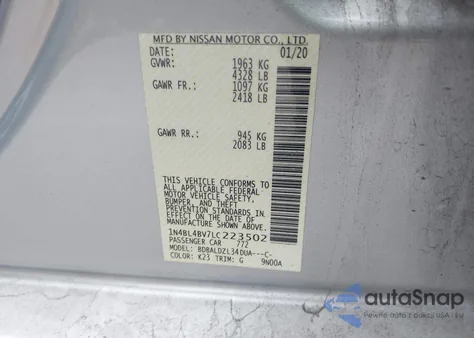 2020 Nissan Altima S Fwd z USA, uszkodzony, nr VIN 1N4BL4BV7LC223502